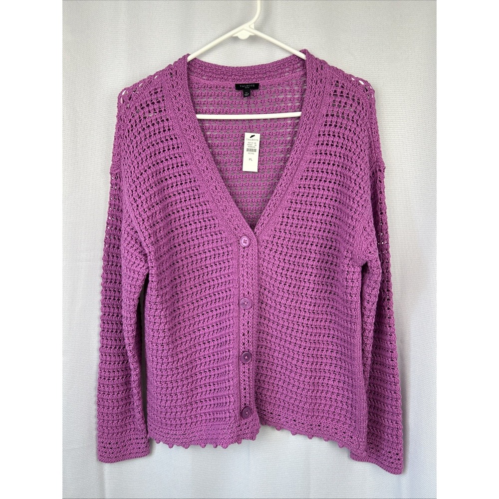 Talbots Crochet Knitted Size L Petite Cardigan Buttons Cottagecore Purple New
